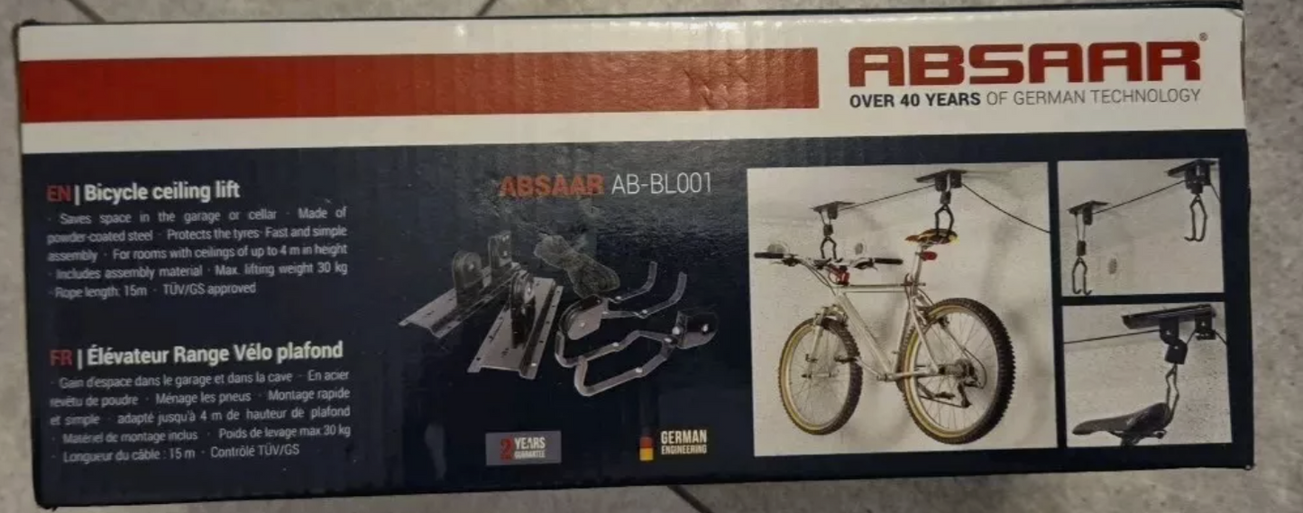 Absaar Fahrradlift Flaschenzug Deckenhalterung Fahrradaufhängung 30 kg NEU