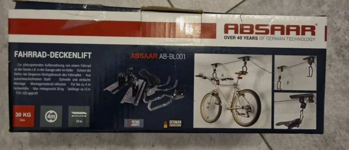 Absaar Fahrradlift Flaschenzug Deckenhalterung Fahrradaufhängung 30 kg NEU