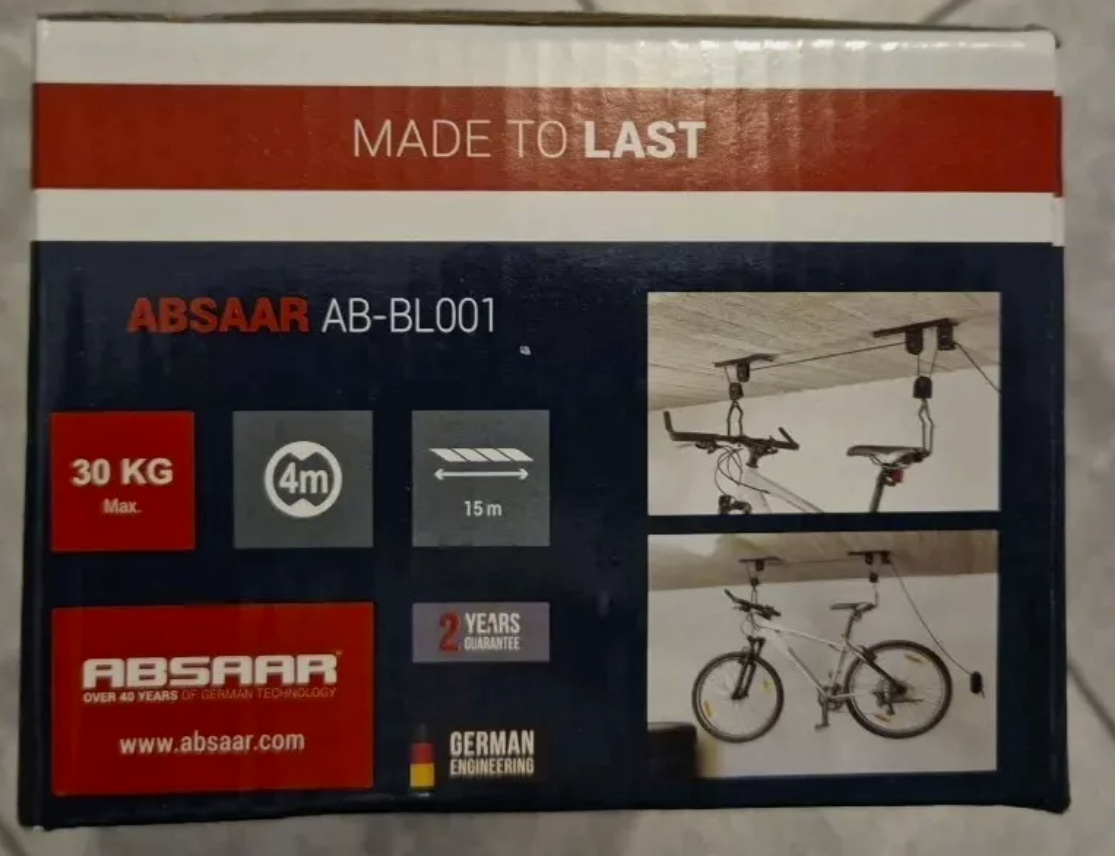 Absaar Fahrradlift Flaschenzug Deckenhalterung Fahrradaufhängung 30 kg NEU